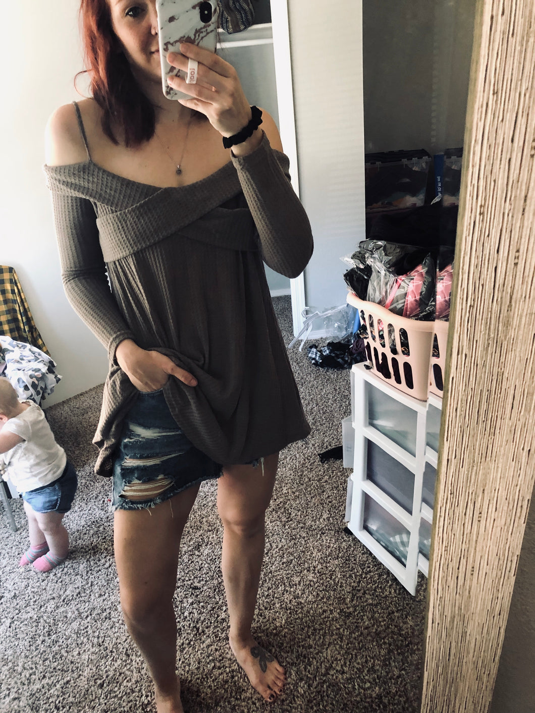 Khaki off the Shoulder Sweater